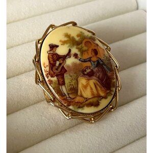 Vintage Brooch Courting Scene Fragonard Style Porcelain Gold Tone